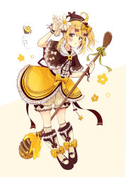 Rule 34 | 1girl, :o, absurdres, animal, arm up, bee, beret, black bow, black capelet, black hat, black ribbon, blonde hair, blush, boots, bow, brown background, bug, capelet, flower, full body, gradient background, hair bow, hair ornament, hairclip, hat, highres, honey, insect, knee boots, kneehighs, leaning forward, looking at viewer, neck ribbon, original, parted lips, ribbon, sakura oriko, shirt, sidelocks, skirt, socks, solo, white background, white flower, white footwear, white shirt, white socks, yellow bow, yellow skirt
