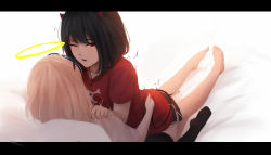Rule 34 | 2girls, barefoot, bed sheet, black-framed eyewear, black hair, black legwear, black shorts, commentary, demon tail, eyewear on head, girl on top, glasses, halo, highres, letterboxed, light brown hair, multiple girls, one eye closed, original, parted lips, pillow, red eyes, red shirt, shimmer, shirt, short shorts, short sleeves, shorts, skull and crossbones, soles, symbol-only commentary, tail, tail grab, thighhighs, yuri