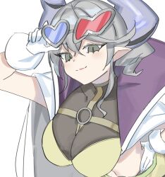 Rule 34 | 1girl, breasts, cleavage, glasses on head, gloves, grey eyes, grey hair, highres, large breasts, lovely labrynth of the silver castle, nernnernneru, pointy ears, skin tight, slit pupils, tagme, white gloves, yu-gi-oh!