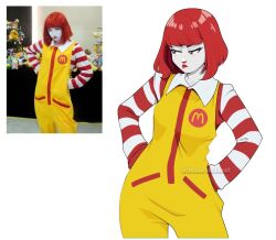 Rule 34 | 1girl, aaron schmit, clown, contrapposto, cosplay, cowboy shot, indoors, logo, mcdonald&#039;s, photo-referenced, red hair, red lips, reference inset, ronald mcdonald, ronald mcdonald (cosplay), short hair, striped sleeves, watermark, white background