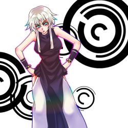 Rule 34 | 1girl, aner rolange, blue eyes, frown, hands on own hips, m.u.g.e.n, silver hair, simple background, sleeveless, solo, tobi (discharge cycle), wristband