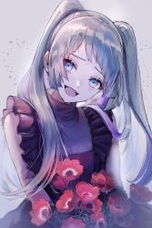 Rule 34 | 1girl, :d, absurdres, black dress, blue eyes, blue hair, blurry, bouquet, commentary request, crying, crying with eyes open, dress, flat chest, flower, frilled dress, frills, grey background, hatsune miku, head tilt, highres, holding, holding flower, long hair, looking at viewer, open mouth, parasite (vocaloid), pipi, red flower, sidelocks, simple background, sleeveless, sleeveless dress, smile, solo, standing, swept bangs, tears, turtleneck, turtleneck dress, twintails, upper body, vocaloid