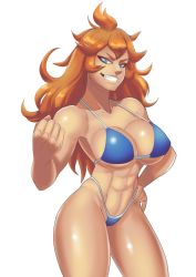 Rule 34 | 1girl, abs, bikini, black clover, blue eyes, breasts, clenched hand, clenched teeth, gez1313, mereoleona vermillion, solo, swimsuit, tag, teeth