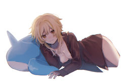 Rule 34 | 1girl, bad id, bad pixiv id, blonde hair, blush, breasts, collarbone, embarrassed, genshin impact, hair between eyes, highres, jacket, kino (m6t2a), looking at viewer, lumine (genshin impact), lying, naked jacket, on stomach, short hair, simple background, stuffed toy, wavy mouth, white background, yellow eyes
