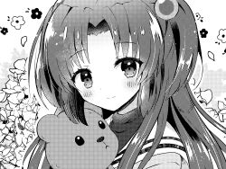 Rule 34 | 1girl, aiyan, blush, clannad, close-up, closed mouth, commentary request, eyelashes, floral background, greyscale, hair bobbles, hair ornament, highres, ichinose kotomi, long hair, looking at viewer, monochrome, parted bangs, school uniform, sidelocks, simple background, smile, solo, stuffed animal, stuffed toy, teddy bear, two side up, white background