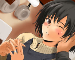 Rule 34 | 1girl, amagami, black hair, blush, bob cut, brown eyes, chocolate, dress, dutch angle, food, food on face, hand on another&#039;s head, jewelry, kitchen, murasaki iro, nanasaki ai, one eye closed, parted lips, pinafore dress, playing with another&#039;s hair, pot, ring, short hair, sleeveless, sleeveless dress, solo focus, turtleneck, wedding band, wedding ring, wince