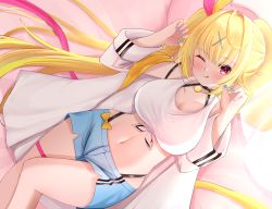 Rule 34 | 1girl, :p, absurdres, balut (7676i), bed sheet, blonde hair, blue shorts, breasts, cleavage, closed mouth, collarbone, commentary request, hair ornament, highres, hoshikawa sara, hoshikawa sara (1st costume), large breasts, long hair, long sleeves, looking at viewer, lying, nail polish, navel, nijisanji, on back, one eye closed, red eyes, shirt, short shorts, shorts, smile, solo, stomach, thigh strap, tied shirt, tongue, tongue out, very long hair, virtual youtuber, white shirt, x hair ornament