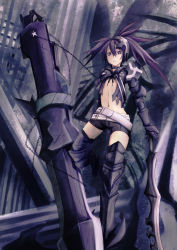 Rule 34 | 10s, 1girl, armor, belt, black hair, black rock shooter, boots, chain, dual wielding, glowing, greaves, highres, holding, insane black rock shooter, long hair, midriff, navel, purple eyes, shorts, solo, thighhighs, twintails, uneven twintails, weapon