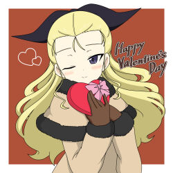 Rule 34 | 1girl, assam (girls und panzer), black ribbon, blonde hair, blue eyes, box, brown background, brown capelet, brown coat, brown gloves, capelet, closed mouth, coat, commentary, english text, fur-trimmed capelet, fur-trimmed coat, fur trim, gift, girls und panzer, gloves, hair pulled back, hair ribbon, happy valentine, heart, heart-shaped box, highres, holding, holding gift, ichinose jun, long hair, long sleeves, looking at viewer, one eye closed, ribbon, smile, solo, valentine
