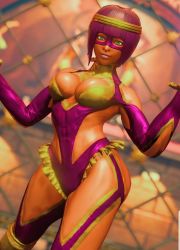 Rule 34 | 1girl, artist request, breasts, cleavage, cleavage cutout, clothing cutout, cosplay, curvy, dark-skinned female, dark skin, egyptian, female focus, highleg, highleg leotard, highres, leotard, looking at viewer, menat, purple hair, rainbow mika (cosplay), revealing clothes, screencap, shiny skin, smile, solo, standing, street fighter, thong leotard, upper body