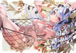Rule 34 | 1girl, animal ear fluff, animal ears, ass, blue hair, blush, bow, breasts, dress, hair ornament, hammock, haruhina purple, highres, hololive, leaf, long hair, looking at viewer, lying, medium breasts, multicolored hair, on back, rabbit-shaped pupils, rabbit ears, rabbit girl, smile, solo, symbol-shaped pupils, thick eyebrows, thighhighs, thighs, two-tone hair, usada pekora, virtual youtuber, white hair