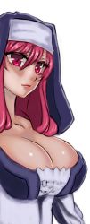 Rule 34 | 10s, 1girl, akira (yuibnm71), breasts, character request, cleavage, female focus, habit, highres, large breasts, lips, long hair, maoyuu maou yuusha, nose, nun, pink hair, red eyes, simple background, solo