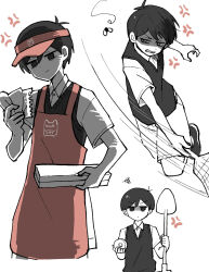 Rule 34 | 1boy, anger vein, angry, apron, black eyes, black hair, black sweater vest, bug, clenched teeth, closed mouth, collared shirt, doroidsan, fly, flyswatter, highres, holding, holding shovel, insect, male focus, official alternate costume, omori, parted lips, red apron, shirt, short hair, shorts, shovel, simple background, solo, sunny (omori), sweater vest, teeth, white background, white shirt