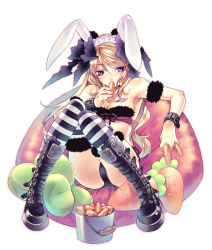 Rule 34 | 1girl, animal ears, between fingers, black bra, black panties, black thighhighs, blonde hair, blue eyes, blush, body blush, boots, bow, bow bra, bra, bucket, carrot, eating, hirano katsuyuki, holding, knee boots, lingerie, lying, on back, panties, rabbit ears, solo, striped clothes, striped thighhighs, thighhighs, underwear, underwear only
