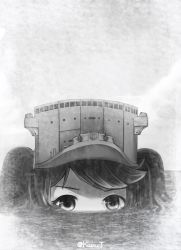 Rule 34 | 1girl, cloud, day, greyscale, highres, jacy, kantai collection, looking at viewer, monochrome, ocean, outdoors, partially submerged, ryuujou (kancolle), short hair, short twintails, solo, twintails, twitter username