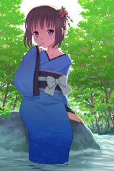 Rule 34 | 1girl, brown hair, female focus, forest, japanese clothes, kimono, meow (nekodenki), nature, original, outdoors, purple eyes, solo, water