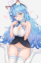 Rule 34 | 1girl, :d, ahoge, animal ears, blue hair, blush, bow, bow panties, braid, breasts, cat ears, cleavage, fang, flower, grey background, hair flower, hair ornament, half updo, haoni, hat, head tilt, heart, heart ahoge, highres, hololive, kemonomimi mode, large breasts, long hair, looking at viewer, navel, no pants, open mouth, panties, paw pose, pointy ears, ribbon-trimmed legwear, ribbon trim, side braid, sidelocks, simple background, sitting, smile, solo, string panties, thighhighs, underbust, underwear, virtual youtuber, wariza, white panties, white thighhighs, yellow eyes, yukihana lamy