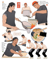 Rule 34 | 3boys, absurdres, apron, bandana, black bandana, black eyes, black hair, black pants, black shirt, bowl, brown eyes, brown hair, buzz cut, closed eyes, closed mouth, cooking, dark-skinned male, dark skin, earrings, egg, fire, flipping food, food, frying pan, full body, hands on another&#039;s waist, highres, holding, holding bowl, holding cooking pot, holding frying pan, holding spatula, holding torch, jewelry, korean text, looking at another, looking down, male focus, mitsui hisashi, miyagi ryouta, mmoeblush, multiple boys, multiple views, noodles, open mouth, pants, red hair, sakuragi hanamichi, shirt, short hair, simple background, slam dunk (series), sleeves rolled up, smile, spatula, speech bubble, steam, stud earrings, sweat, torch, translated, trembling, undercut, very short hair, waist apron, wavy hair, white background, white footwear, white shirt