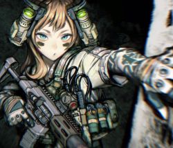 Rule 34 | 1girl, artist request, blue eyes, blurry, brown hair, character request, depth of field, eye black, drawing on another&#039;s face, facepaint, gloves, gun, military operator, solo, tattoo, weapon