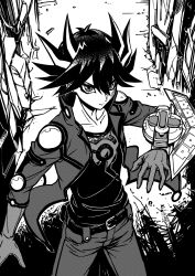 Rule 34 | 1boy, absurdres, alley, belt, black hair, black shirt, duel disk, elbow pads, facial tattoo, from above, fudo yusei, gloves, greyscale, hand up, high collar, highres, jacket, looking up, male focus, monochrome, open clothes, open jacket, outdoors, pants, screentones, serious, shirt, short hair, shoulder pads, solo, spiked hair, standing, tattoo, youko-shima, yu-gi-oh!, yu-gi-oh! 5d&#039;s