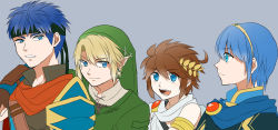 Rule 34 | 4boys, armor, blonde hair, blue eyes, blue hair, cape, fire emblem, fire emblem: mystery of the emblem, fire emblem: path of radiance, fire emblem: radiant dawn, hat, headband, ike (fire emblem), kid icarus, kid icarus uprising, kinagi (3307377), link, looking at viewer, male focus, marth (fire emblem), multiple boys, nintendo, open mouth, pit (kid icarus), pointy ears, short hair, simple background, smile, super smash bros., the legend of zelda, the legend of zelda: twilight princess, tunic