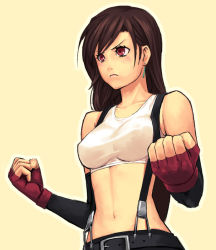 Rule 34 | 1990s (style), 1girl, bad id, bad pixiv id, bare shoulders, belt, brown hair, clenched hand, clenched hands, earrings, final fantasy, final fantasy vii, fingerless gloves, gloves, jewelry, long hair, midriff, red eyes, retro artstyle, solo, suspenders, tank top, tifa lockhart, yuuji (and)