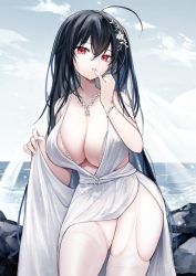 Rule 34 | absurdres, ahoge, azur lane, black hair, breasts, cleavage, dress, finger to mouth, garter straps, hair between eyes, highres, jewelry, large breasts, long hair, looking at viewer, necklace, ocean, official alternate costume, outdoors, parted lips, peneko, red eyes, sky, solo, tagme, taihou (azur lane), taihou (temptation on the sea breeze) (azur lane), thighhighs, very long hair, white thighhighs
