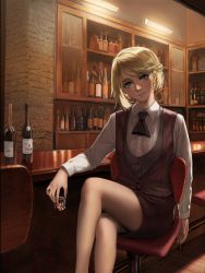 Rule 34 | 1girl, alcohol, backlighting, bar (place), bartender, blonde hair, blue eyes, bottle, braid, chair, counter, crossed legs, cup, drinking glass, glass, head tilt, highres, indoors, lips, looking at viewer, necktie, original, pantyhose, pencil skirt, see-through, see-through legwear, sitting, skirt, solo, usukuchi (impasto life), vest