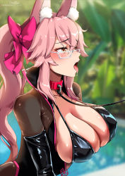 Rule 34 | 1girl, animal collar, animal ears, bikini, black bikini, black bodysuit, blush, bodysuit, bow, breasts, cleavage, collar, collarbone, covered erect nipples, fangs, fate/grand order, fate (series), fox ears, fox girl, foxyreine, glasses, grey-framed eyewear, hair bow, heart, heart-shaped pupils, koyanskaya (assassin) (first ascension) (fate), koyanskaya (fate), large breasts, leash, long hair, open bodysuit, open clothes, open mouth, outdoors, pink bow, pink hair, ponytail, pool, shiny skin, sidelocks, solo, swimsuit, symbol-shaped pupils, tamamo (fate), tongue, tongue out, yellow eyes