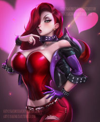 Rule 34 | 1girl, alternate costume, belt, bracelet, breasts, choker, cleavage, collar, collar tug, collar tug, cowboy shot, curvy, earrings, eyeshadow, gloves, gradient background, green eyes, hair over one eye, hand on own hip, heart, jacket, jessica rabbit, jewelry, large breasts, lipstick, long hair, looking at viewer, makeup, midriff, nail polish, off shoulder, pants, red hair, red lips, sakimichan, single glove, solo, torn clothes, torn pants, watermark, web address, who framed roger rabbit
