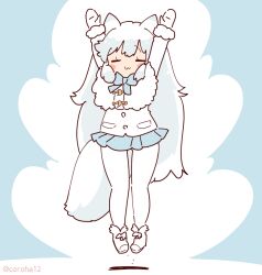 Rule 34 | 1girl, animal ears, arctic fox (kemono friends), arms up, blue background, bow, bowtie, cape, coroha, extra ears, fox ears, fox girl, fox tail, full body, gloves, jacket, jumping, kemono friends, long hair, looking at viewer, pantyhose, shoes, simple background, skirt, solo, tail, white hair