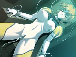 Rule 34 | 1girl, bdsm, blonde hair, bondage, bound, mind control, breasts, cable, choukou sentai justice blade, game cg, green eyes, hyoudou azumi, justice blade, large breasts, maika, papaya jun, short hair, solo, uncensored, wire