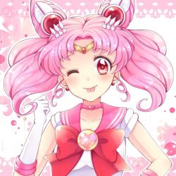 Rule 34 | 1girl, ;p, bad id, bad pixiv id, bishoujo senshi sailor moon, brooch, chibi usa, choker, cone hair bun, gloves, hair bun, heart, heart-shaped pupils, heart brooch, jewelry, looking at viewer, magical girl, nico ame, one eye closed, pink eyes, pink hair, sailor chibi moon, solo, symbol-shaped pupils, tiara, tongue, tongue out, twintails, upper body, white gloves