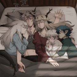 Rule 34 | 2boys, 3girls, aged down, ahoge, alina (arknights), animal ears, antlers, arknights, bed, black hair, black pants, blanket, blue sweater, closed eyes, collarbone, collared shirt, commentary, crossed bangs, cuddling, deer antlers, deer ears, deer girl, dlanon, dragon girl, dragon horns, dress, english commentary, faust (arknights), frostnova (arknights), green shirt, grey hair, grey shirt, hair between eyes, horns, hug, light brown hair, long hair, long sleeves, lying, material growth, mephisto (arknights), midriff, multiple boys, multiple girls, navel, on back, on bed, on side, open mouth, oripathy lesion (arknights), pajamas, pants, pointy ears, rabbit ears, rabbit girl, red dress, ribbed sweater, scales, scar, scar on face, scar on nose, shirt, short hair, sleeping, sweater, talulah (arknights), under covers, upper body, white shirt, zzz