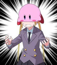 Rule 34 | 1girl, black necktie, black skirt, blazer, blonde hair, blue eyes, blush stickers, clenched teeth, collared shirt, commentary request, crossover, emphasis lines, facing viewer, grey jacket, hands up, jacket, kill me baby, kirby, kirby (series), kirby and the forgotten land, long hair, mouthful mode, necktie, nintendo, on head, pleated skirt, school uniform, shirt, skirt, sonya (kill me baby), standing, sweatdrop, teeth, twintails, very long hair, vore, white shirt, yachima tana