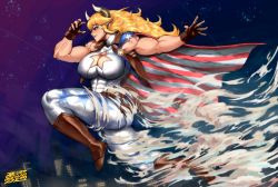 Rule 34 | 1girl, abs, absurdres, american flag, bare shoulders, blonde hair, blue eyes, blush, bodysuit, boku no hero academia, boots, breasts, cleavage cutout, clothing cutout, female focus, flying, gloves, highres, horns, jacket, large breasts, long hair, midriff, muscular, muscular arms, muscular female, muscular legs, navel, solo, star (symbol), tan, uniform, ushi walker (mha quest)
