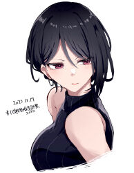 Rule 34 | 1girl, absurdres, bang dream!, black hair, breasts, dated, hair between eyes, highres, looking to the side, medium breasts, nuruponnu, parted lips, red eyes, shirt, short hair, sketch, sleeveless, sleeveless shirt, solo, upper body, white background, yashio rui