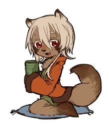 Rule 34 | artist request, furry, long hair, open mouth, raccoon, red eyes, white hair