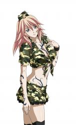 Rule 34 | 00s, 1girl, black thighhighs, breasts, camouflage, cleavage, collarbone, eyebrows, female focus, front-tie top, hat, highres, ikkitousen, looking at viewer, medium breasts, military, military uniform, miniskirt, shibai chuutatsu, simple background, skirt, solo, standing, tattoo, thighhighs, uniform, white background
