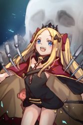 Rule 34 | 1girl, :d, abigail williams (fate), black bow, black dress, black leotard, blonde hair, blue eyes, blush, bow, breasts, brown cape, cape, commentary, commentary typo, cosplay, dress, english commentary, ereshkigal (fate), ereshkigal (fate) (cosplay), fate/grand order, fate (series), forehead, ghost, gold trim, hair bow, highres, leotard, long hair, long sleeves, looking at viewer, miya (miyaruta), multiple bows, open mouth, parted bangs, puffy long sleeves, puffy sleeves, red bow, red cape, sidelocks, single sleeve, skull, small breasts, smile, solo, spine, stuffed animal, stuffed toy, teddy bear, thighs, tiara, two side up