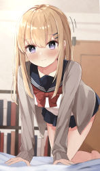Rule 34 | 1girl, absurdres, akagikou, all fours, bare legs, blonde hair, blue sailor collar, blue skirt, blush, bookshelf, bow, bowtie, breasts, cardigan, commentary request, door, grey cardigan, hair ornament, hairpin, highres, indoors, light smile, long hair, long sleeves, looking at viewer, on bed, open cardigan, open clothes, original, pleated skirt, purple eyes, red bow, red bowtie, sailor collar, school uniform, shirt, skirt, solo, white shirt