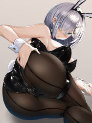 Rule 34 | 1girl, animal ears, ass, back-seamed legwear, black leotard, blue eyes, breasts, collar, fake animal ears, fishnet pantyhose, fishnets, from behind, hair ornament, hair over one eye, hairclip, hamakaze (kancolle), hand on own ass, highres, kantai collection, large breasts, leotard, nail polish, pantyhose, playboy bunny, rabbit ears, rabbit tail, seamed legwear, shiny clothes, short hair, silver hair, simple background, solo, tail, torisan, wrist cuffs