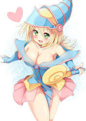 Rule 34 | 1girl, :d, blonde hair, breasts, cleavage, dark magician girl, duel monster, green eyes, hat, heart, highres, holding, igayan, large breasts, long hair, looking at viewer, open mouth, smile, solo, wand, yu-gi-oh!, yuu-gi-ou, yu-gi-oh! duel monsters