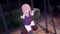 Rule 34 | 1girl, 3d, animated, blush, clothing aside, dildo, exhibitionism, face mask, koikatsu (medium), little witch academia, loluncc, mask, outdoors, panties, panties aside, public indecency, pussy juice, sex toy, sitting, solo focus, sucy manbavaran, swing, swing set, thighhighs, underwear, vaginal, video