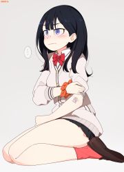 Rule 34 | ..., absurdres, artist name, bad id, bad pixiv id, black hair, black skirt, blue eyes, bow, bowtie, breasts, cardigan, closed mouth, clothes grab, collared shirt, from side, grey background, gridman universe, highres, long hair, long sleeves, looking to the side, medium breasts, on floor, once 11h, orange scrunchie, pleated skirt, red neckwear, red socks, school uniform, scrunchie, seiza, shirt, simple background, sitting, skirt, sleeve grab, sleeves pushed up, socks, speech bubble, ssss.gridman, straight hair, takarada rikka, tattoo, thighs, white cardigan, white shirt, wing collar, wrist scrunchie