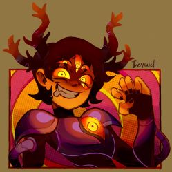 Rule 34 | 1girl, alternate eye color, amphibia, antlers, armor, black hair, black nails, bridal gauntlets, darcy (amphibia), dark persona, devwell, evil, evil smile, extra eyes, halftone, hand up, highres, horns, looking at viewer, marcy wu, nail polish, orange eyes, parted lips, pauldrons, possessed, possession, short hair, shoulder armor, smile, spoilers, the core (amphibia), upper body