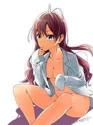 Rule 34 | 10s, 1girl, absurdres, ahoge, akane (getwild23), blue eyes, breasts, cleavage, collarbone, earrings, finger to mouth, highres, ichinose shiki, idolmaster, idolmaster cinderella girls, jewelry, lab coat, lab coat, long hair, looking at viewer, medium breasts, naked labcoat, naked shirt, navel, purple hair, shirt, solo, stomach, thighs