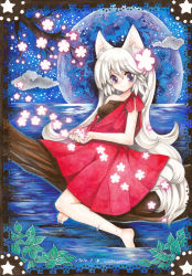 Rule 34 | 1girl, animal ears, bare shoulders, barefoot, dated, dress, feet, full moon, highres, in tree, long hair, moon, mosho, original, signature, sitting, sitting in tree, soaking feet, solo, tail, traditional media, tree, water, wet