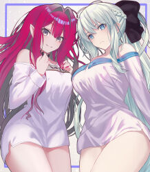 Rule 34 | 2girls, bare shoulders, black bow, blue eyes, bow, braid, breasts, choker, baobhan sith (fate), fate/grand order, fate (series), french braid, grey eyes, grey hair, hair bow, highres, large breasts, long hair, long sleeves, looking at viewer, morgan le fay (fate), multiple girls, neko daruma, off shoulder, pink hair, pointy ears, ponytail, shirt, sidelocks, smile, thighs, very long hair, white shirt