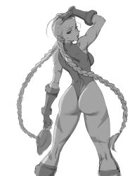 Rule 34 | 1girl, ass, braid, breasts, cammy white, from behind, fujii eishun, hat, highres, large breasts, leotard, long hair, monochrome, sleeveless, street fighter, thong leotard, very long hair